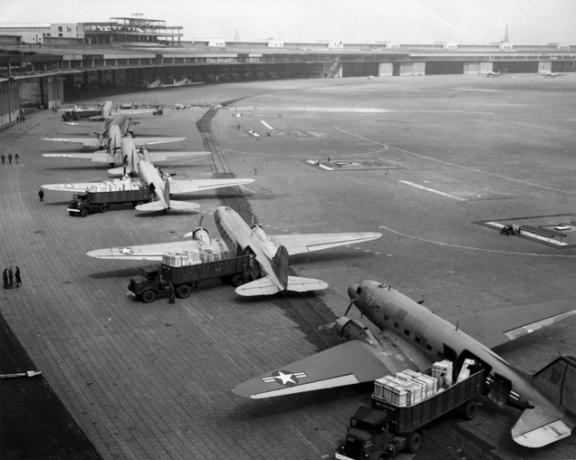 C-47s lined up on the tarmac at Tempelhof Airport during the Berlin Airlift in 1948